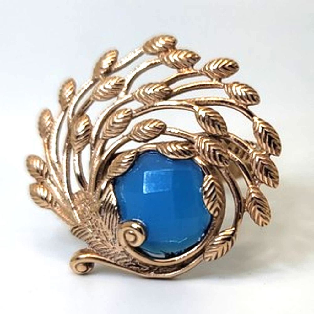 New Blue Agate Rose Gold on Stainless Steel Peacock Feather Ring Sz 9